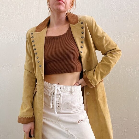 Vintage Suede Leather Military Style Trench Coat - Picture 2 of 10